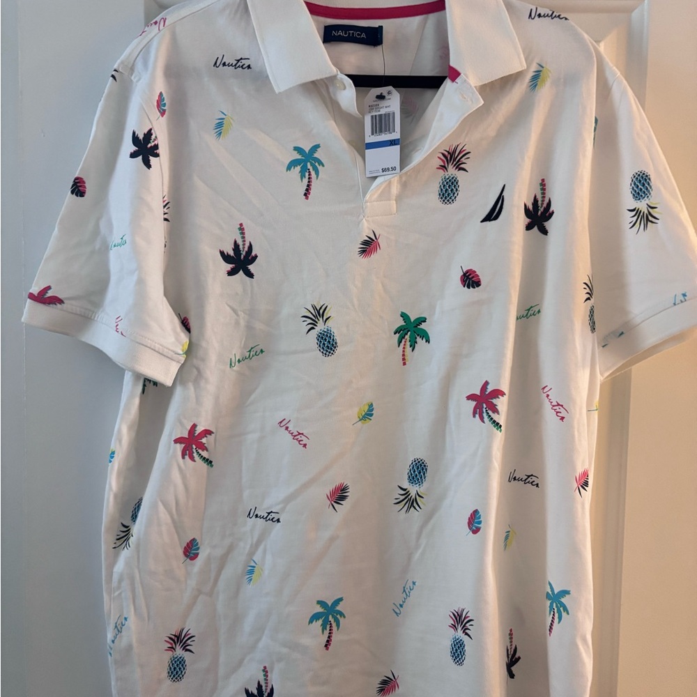 Nautica Men's White Polo with Tropical Embroidery